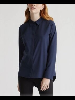 Quince Navy Hidden-Button Collared Blouse